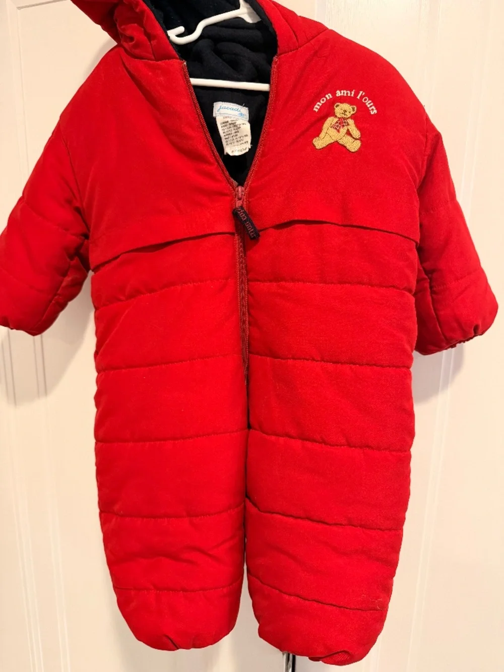 Vintage 1990s Jacadi bear red snowsuit, 18m